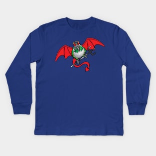 Green cheek Conure Red Devil Horns Holding Up Halo Kids Long Sleeve T-Shirt